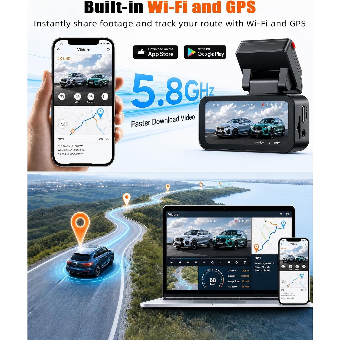 4K+2K Dual Dash Cam Front and Rear WiFi GPS ADAS Night Vision Parking Monitor