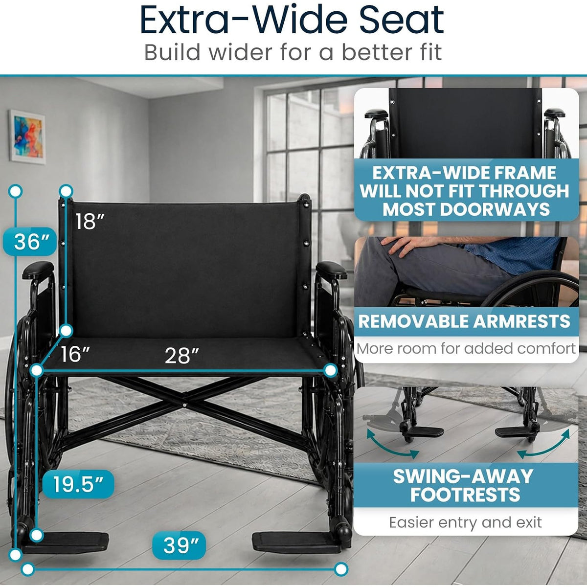 Vive Extra-Wide Bariatric Wheelchair for Adults (600 lb Capacity, 28” Seat)
