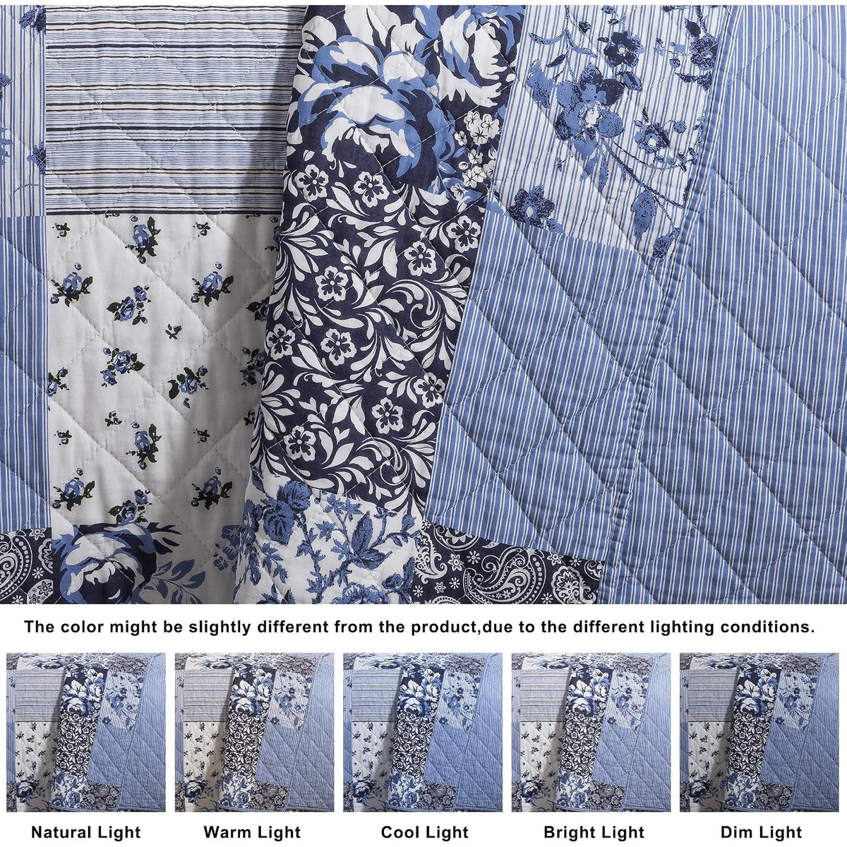 Palassio 100% Cotton Reversible Patchwork Quilt King Blue Grey Floral 3 Piece
