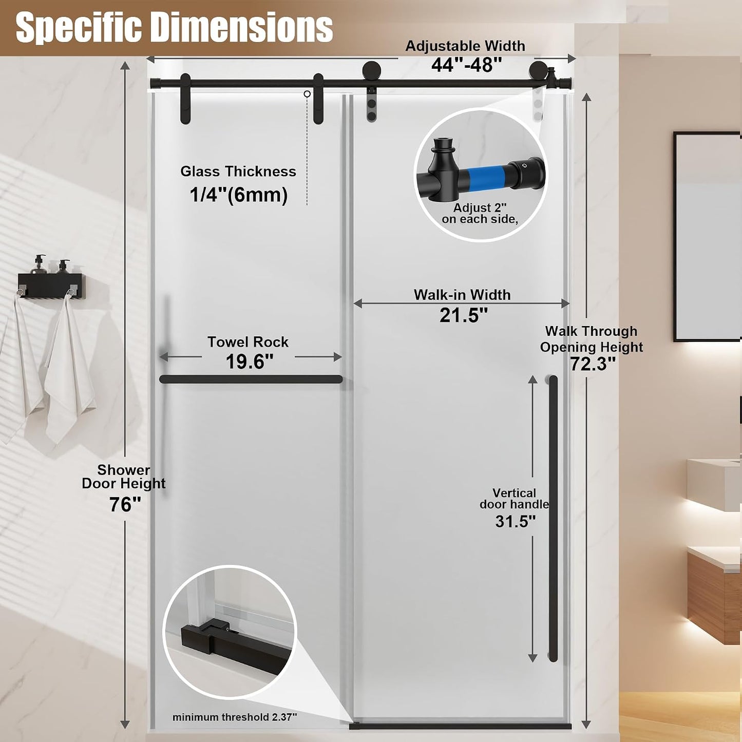 Frosted Glass Shower Door Frameless Sliding 44-48" x 76" Matte Black Tempered