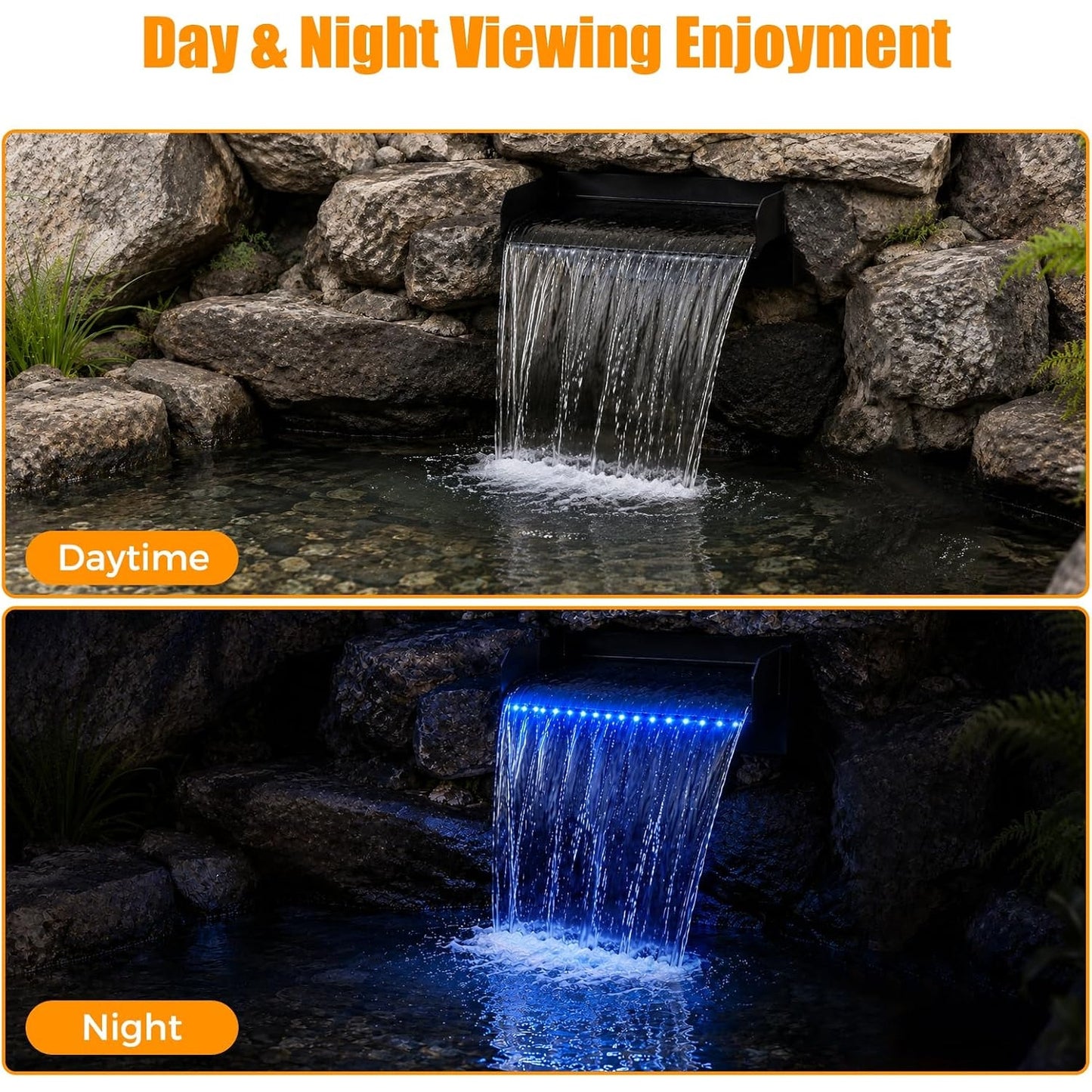 Pond Waterfall Spillway Kit 12" 304 Stainless Steel 660GPH Pump LED Lights