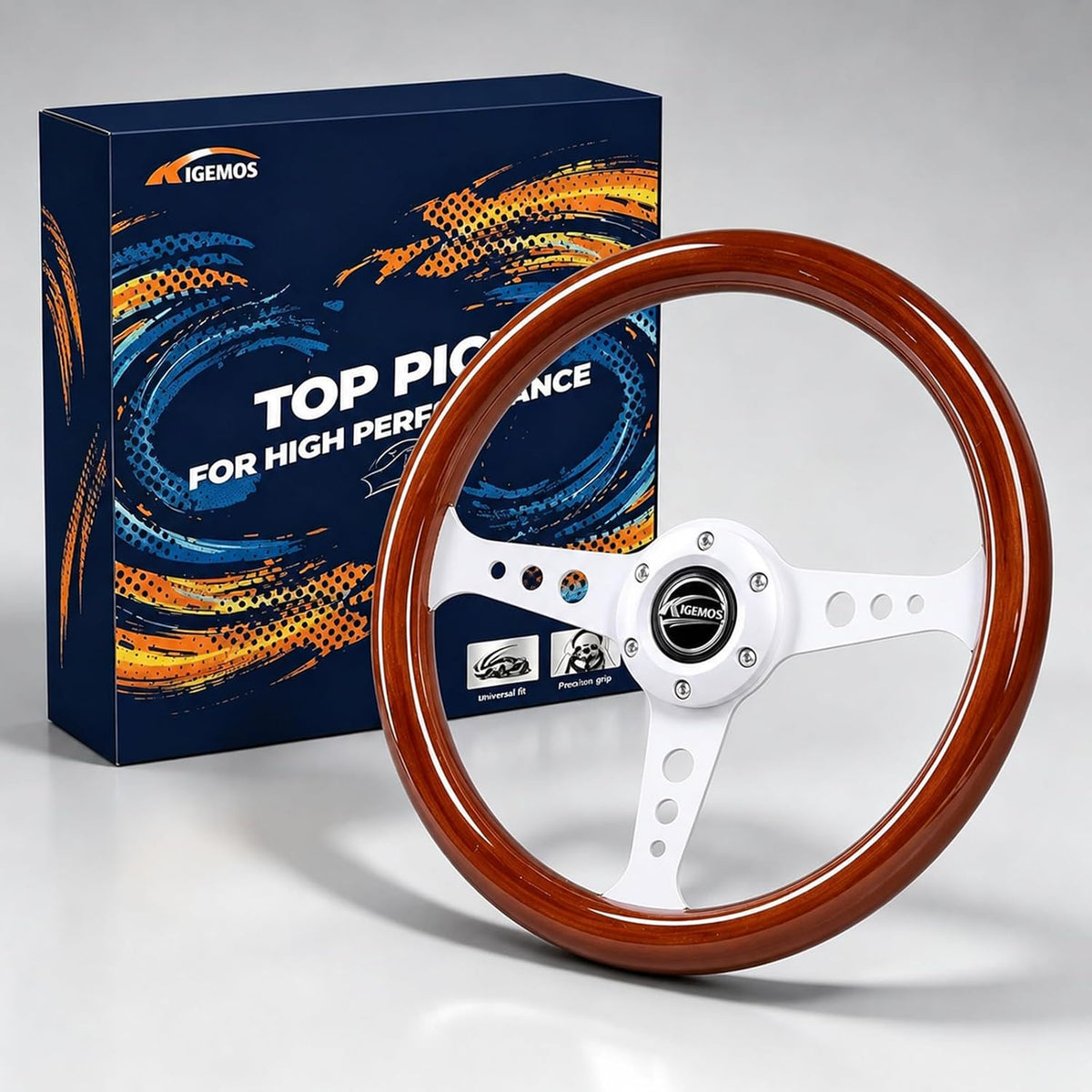 KIGEMOS 350mm 13.8in Peach Wood Chrome Racing Steering Wheel Horn Button