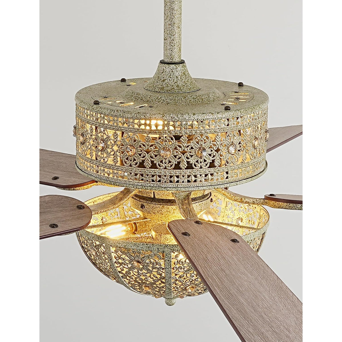52" Antique Champagne Patina Crystal Chandelier Ceiling Fan 5-Blade Remote
