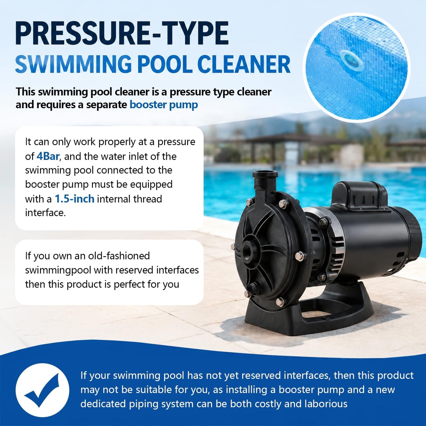 MAKHOON 4 Wheel Pressure Side Pool Cleaner 1.5" Booster Pump Inground Pool