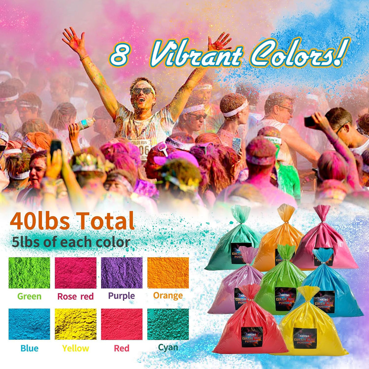 AWZNG Holi Color Powder 40 Lbs 8 Pack Color Run Bulk 5 Lb Bags 8 Colors