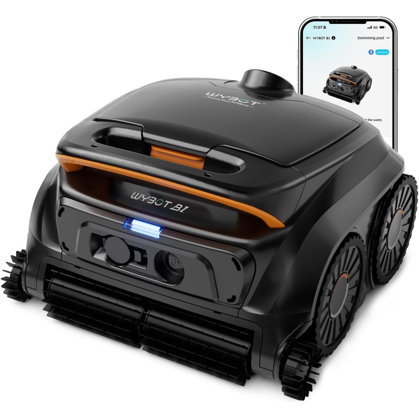 WYBOT B1 Cordless Robotic Pool Cleaner Floor Wall Waterline 120 Min Smart Navi (Carbon, Orange)