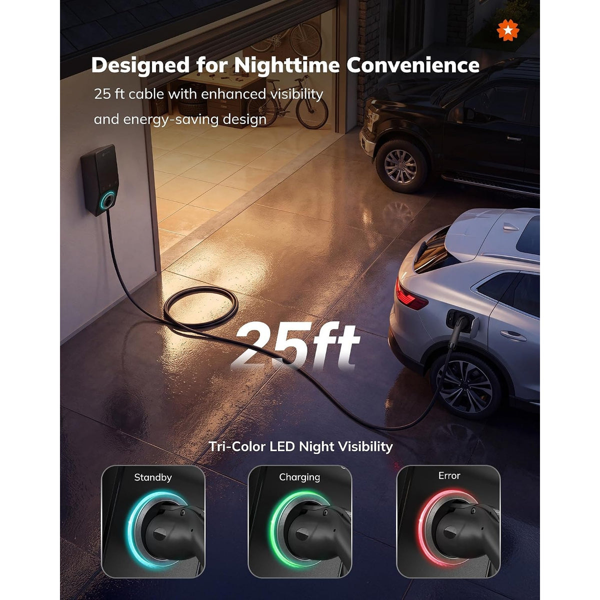 StarCharge 50A 12kW Level 2 EV Charger J1772 Hardwired 25ft WiFi Alexa