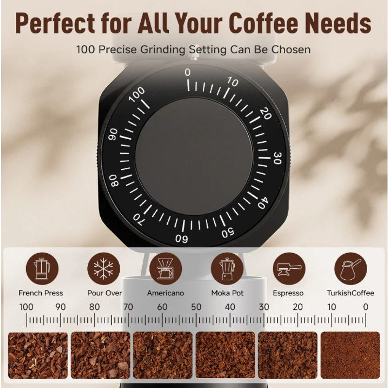 Texvate 64mm Flat Burr Coffee Grinder 100 Settings SUS420 Anti Static Black