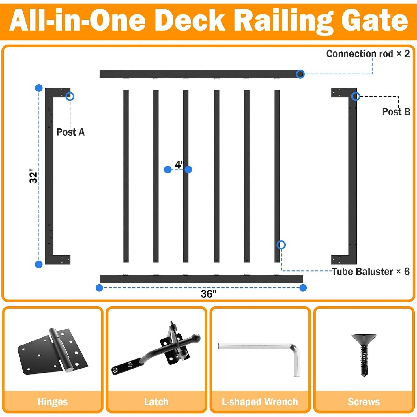 Aluminum Deck Gate 32"H x 36"W Black Hinges Latch Kit Fits 36" Deck Railing