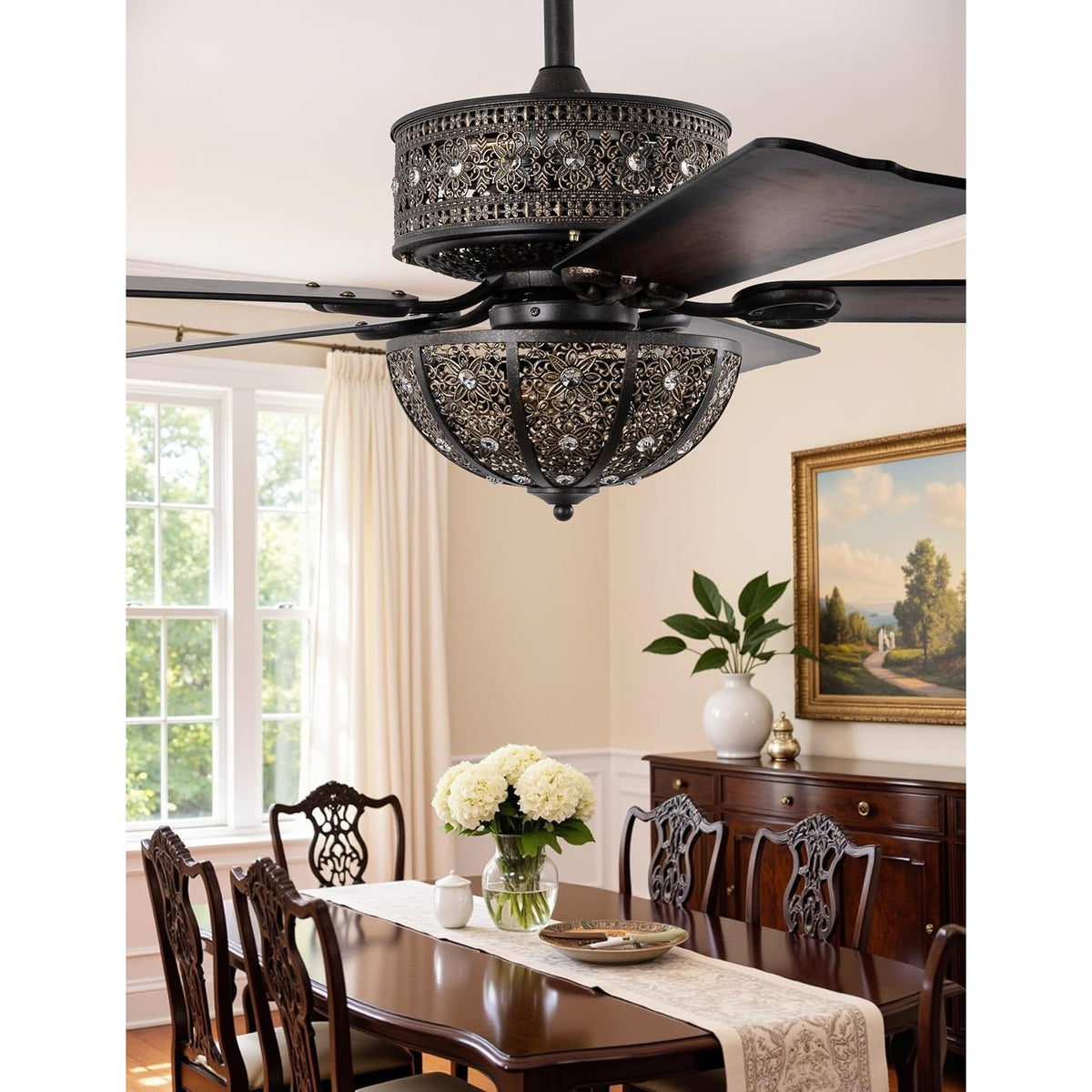 Vivlite 52" Vintage Chandelier Ceiling Fan Light Antique Bronze Crystal 5 Blade