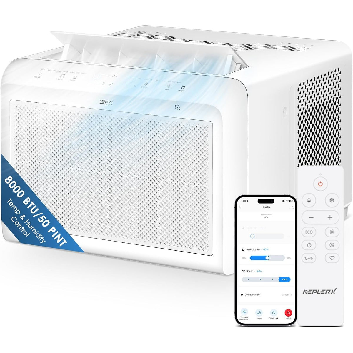 KeplerX 8000 BTU Inverter Window AC WiFi Alexa 50 Pint Dehumidifier