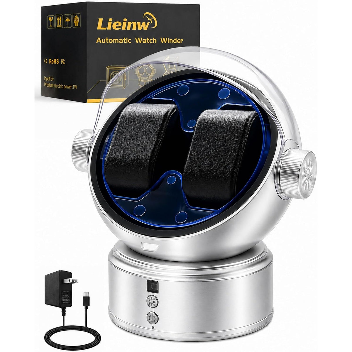 Automatic Watch Winder 2 Slots Astronaut Style Silver Quiet Japanese Motor LED