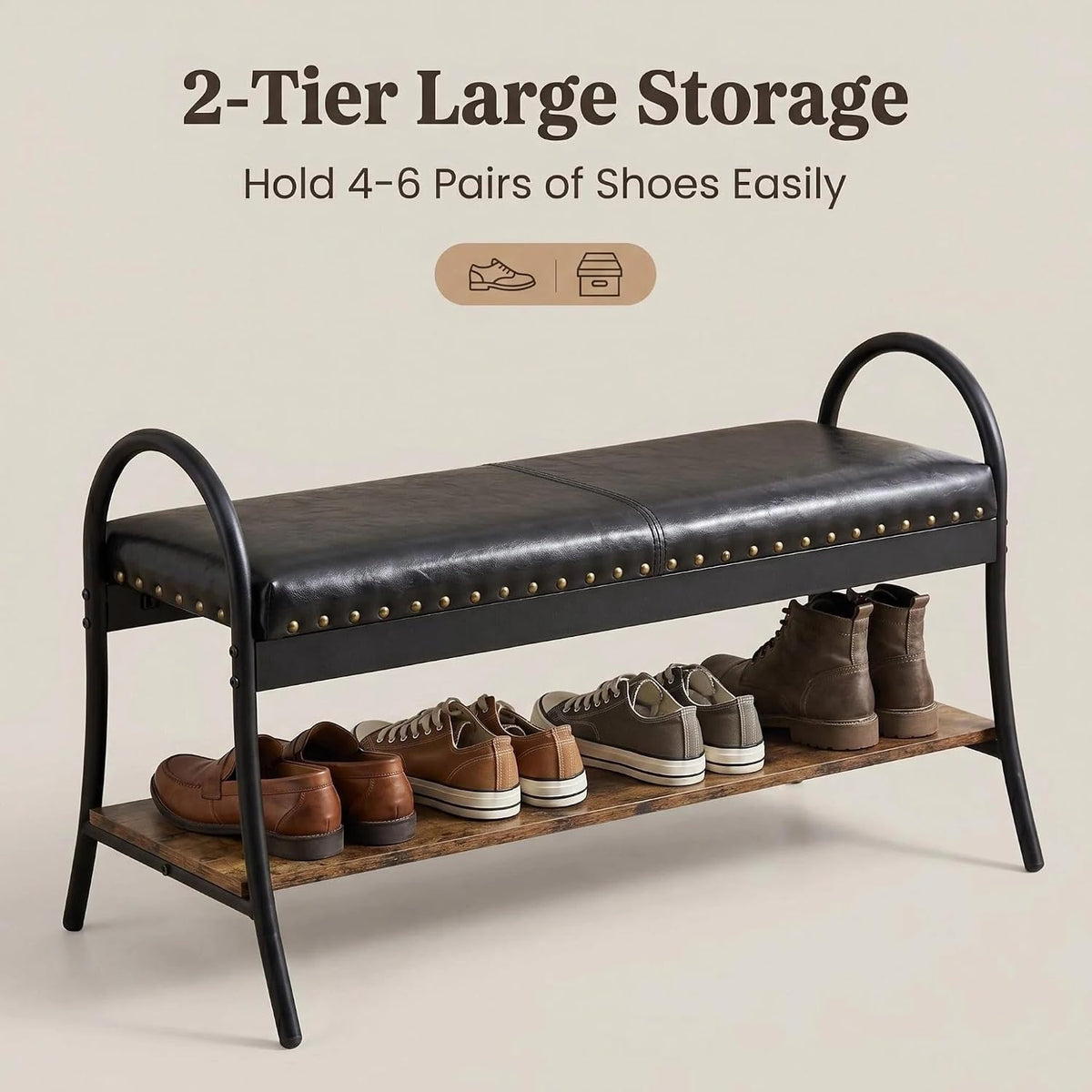 Forteek 39.4in Shoe Bench with Shelf Industrial Faux Leather Entryway Bench