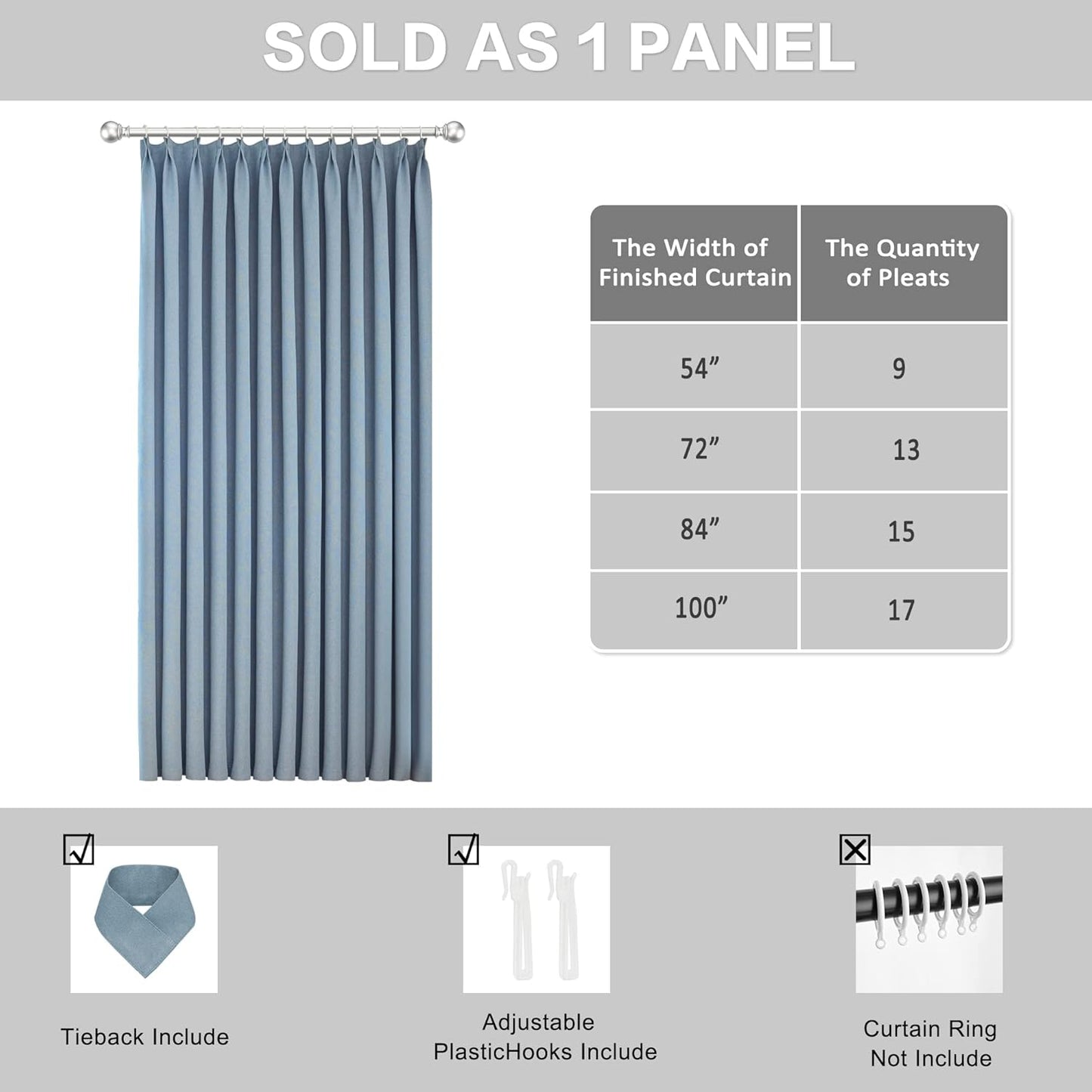 MUMFAS Linen Pinch Pleat 100% Blackout Curtain Panel 52x96 Stone Blue