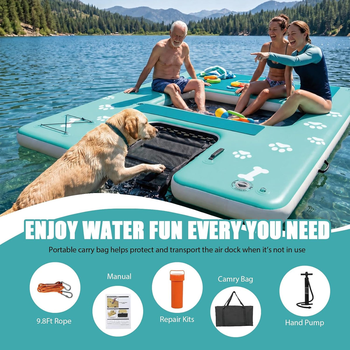VEBESYET 8x6FT Inflatable Floating Dock Dog Ramp Mesh Swim Platform 6in