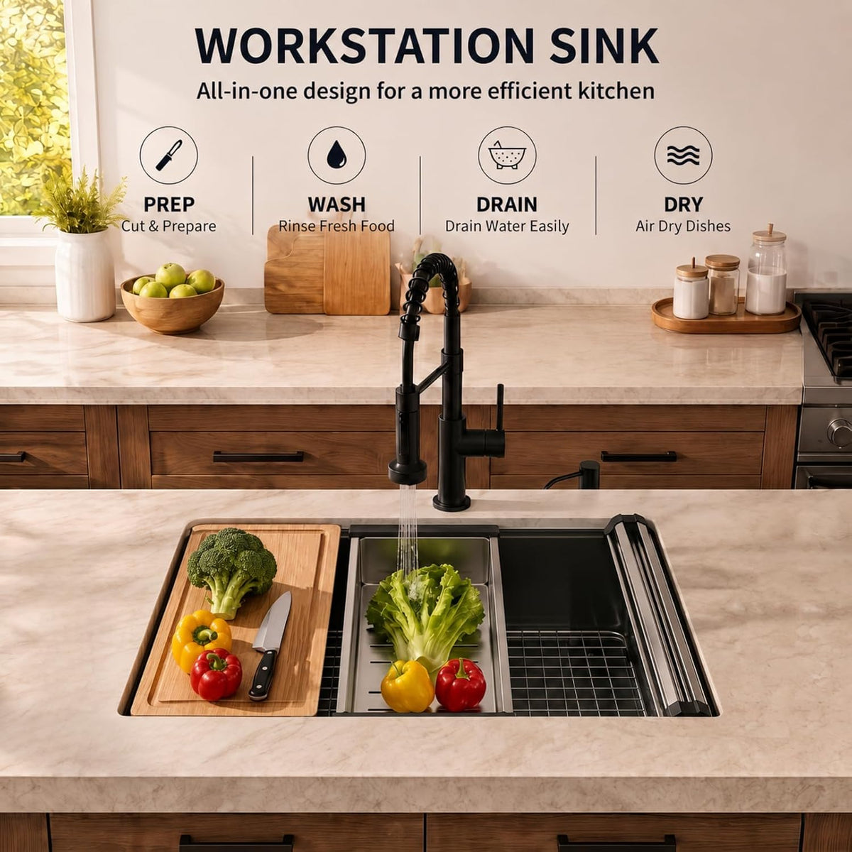 30in Black Stainless Steel Undermount Workstation Kitchen Sink Single Bowl
