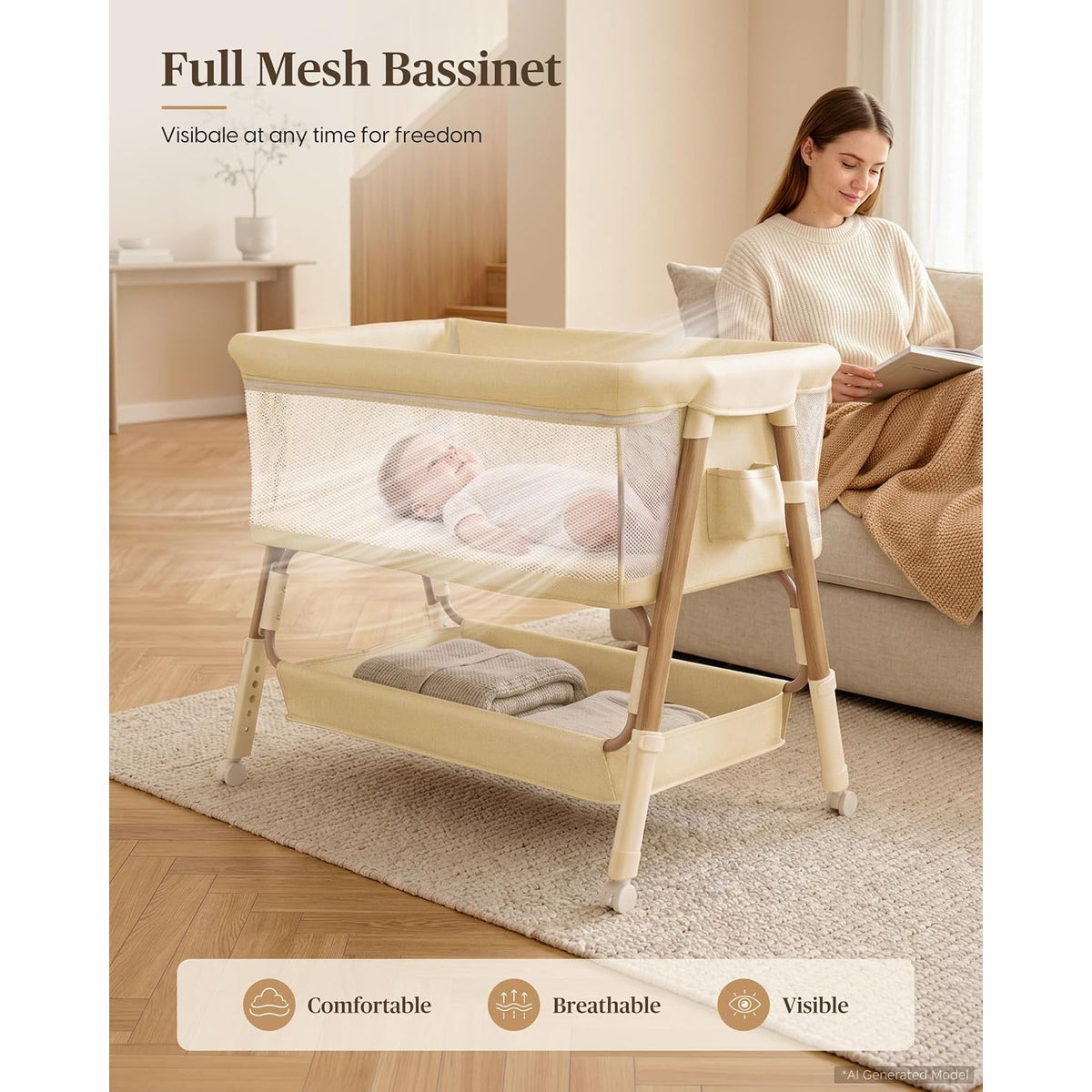 3 in 1 Baby Bassinet Bedside Sleeper Crib 5 Adjustable Heights Mesh Wheels