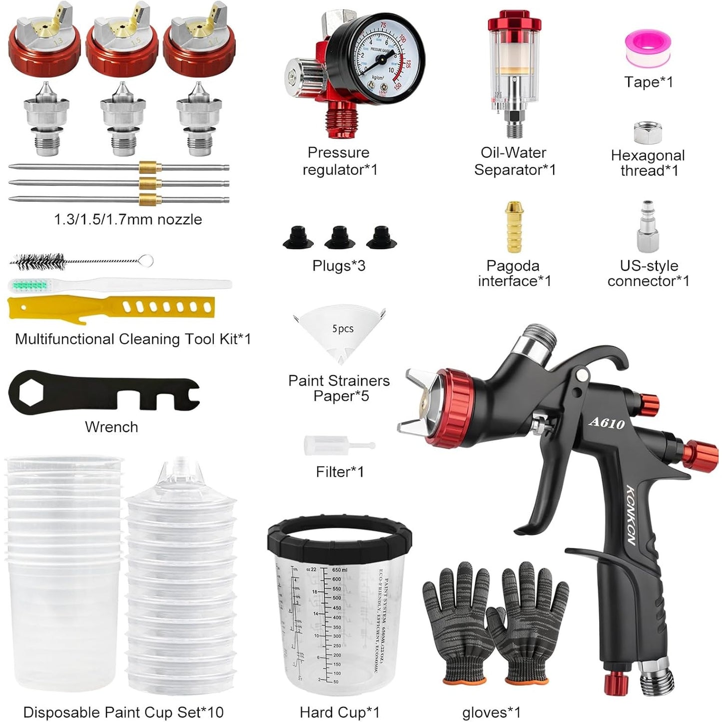 R500 A610 LVLP Spray Gun Kit Automotive Car Paint 1.3/1.5/1.7mm Nozzles 10 Cups