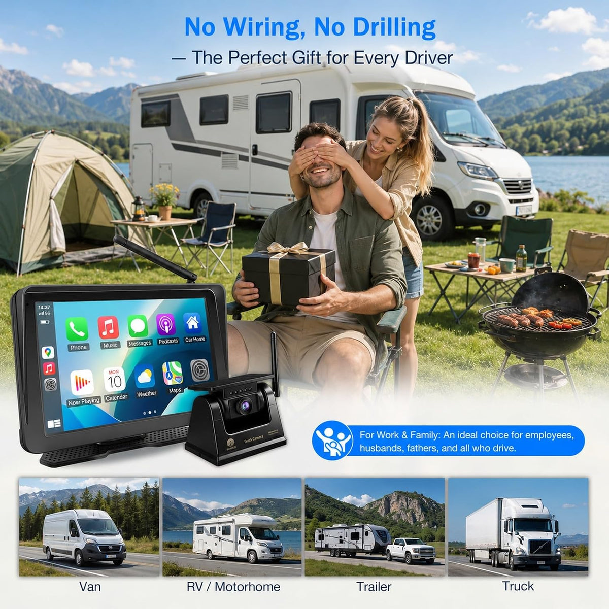 Wireless Backup Camera CarPlay Android Auto 7" Solar Magnetic RV Truck Trailer