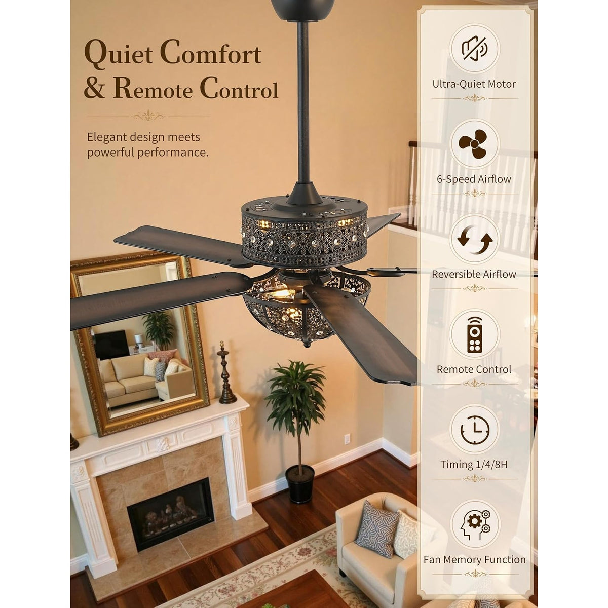 Vivlite 52" Vintage Chandelier Ceiling Fan Light Antique Bronze Crystal 5 Blade