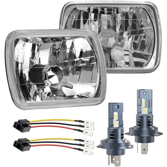5x7 7x6 H6054 Glass Sealed Beam Headlight Housing H4 LED Bulbs 6500K Pair Kit