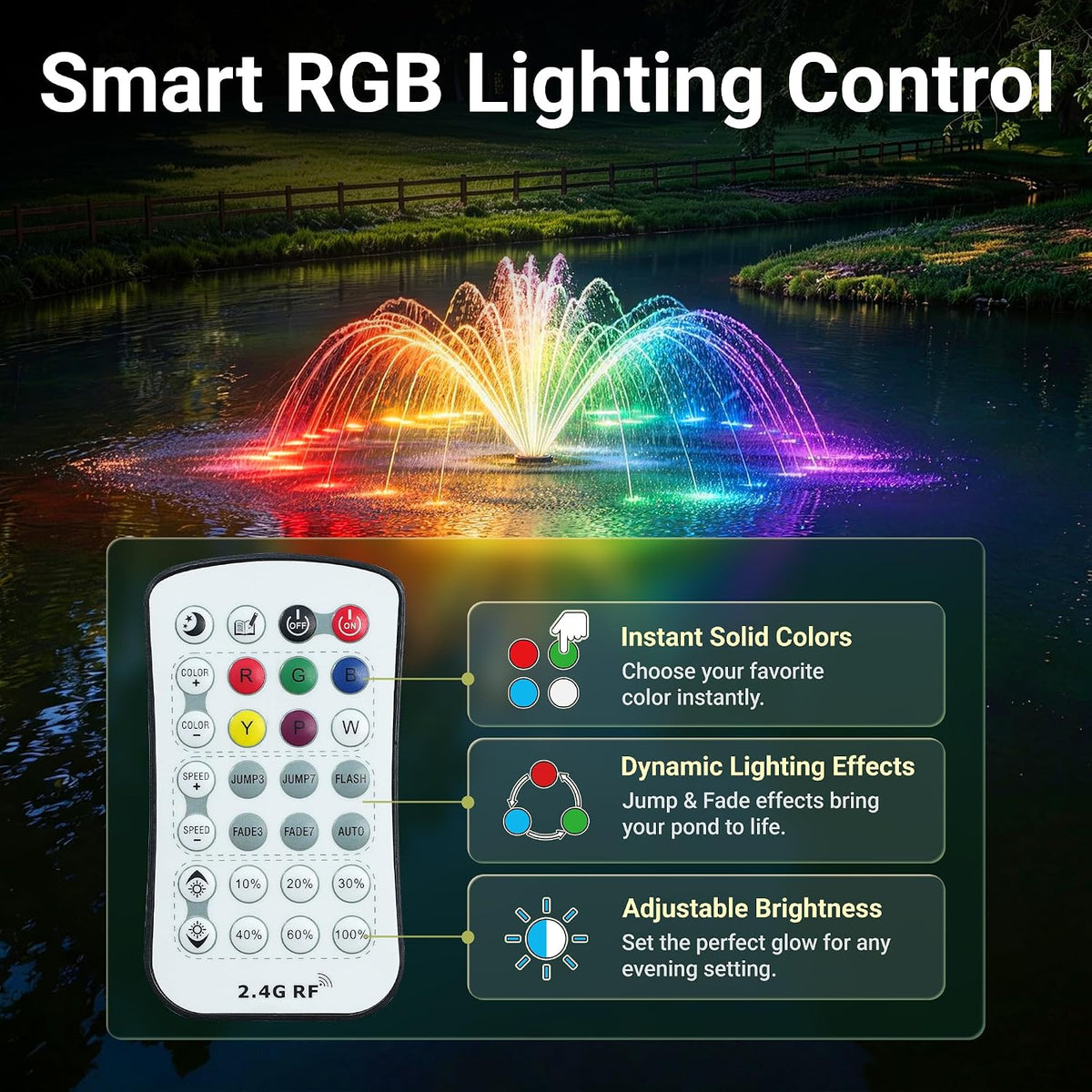Ecospray 450W Floating Pond Fountain RGB LED 100ft Cord 4 Spray Nozzles