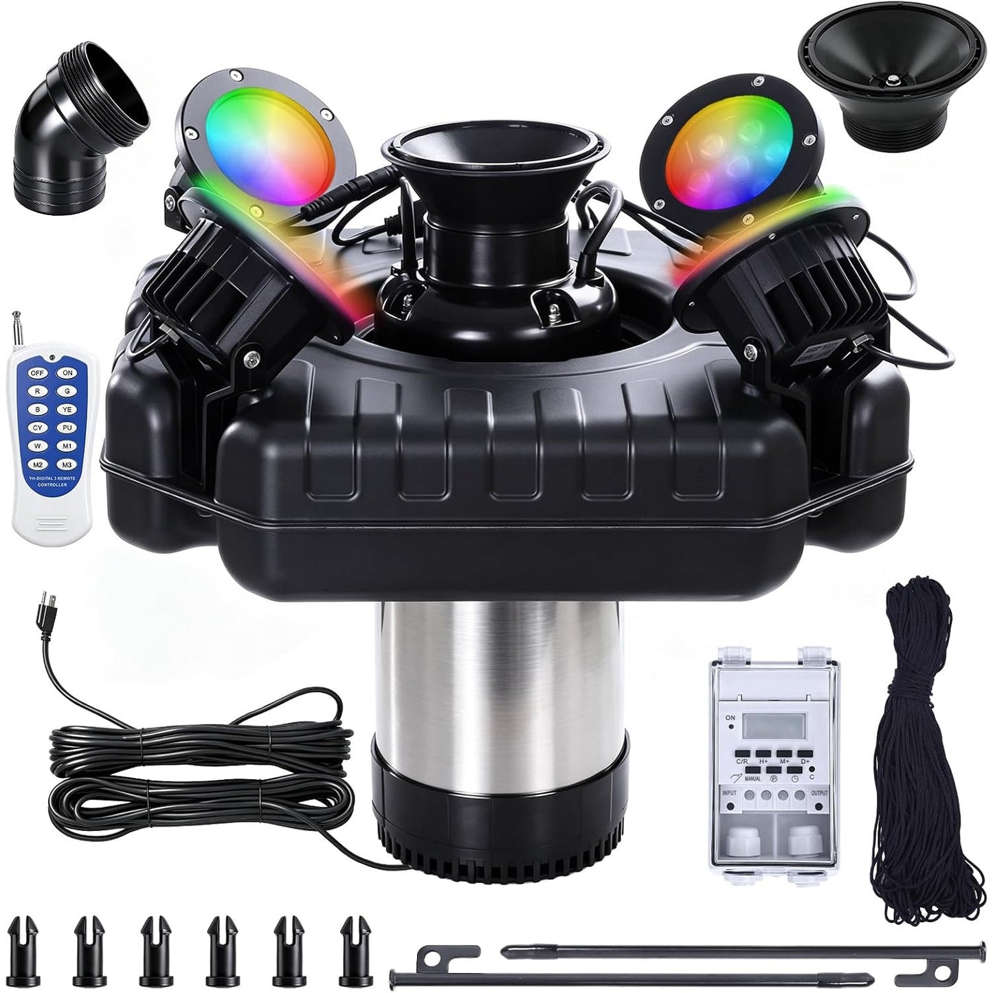 Floating Pond Fountain Aerator 1HP 750W 15000 GPH RGB Lights 100ft Cord Timer
