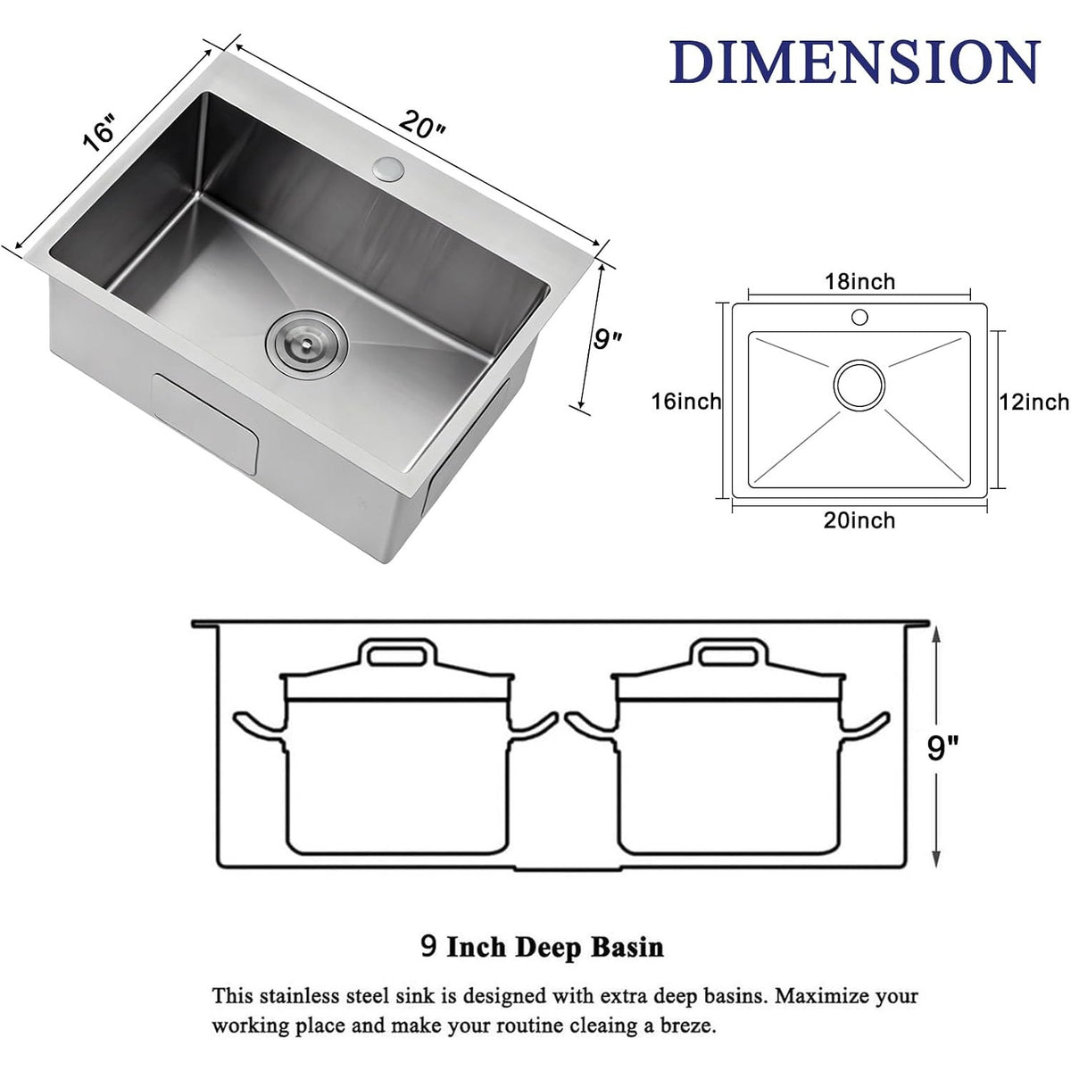 VAPSINT 20x16 Drop In Kitchen Bar Sink 16 Gauge T304 Stainless Brushed Nickel