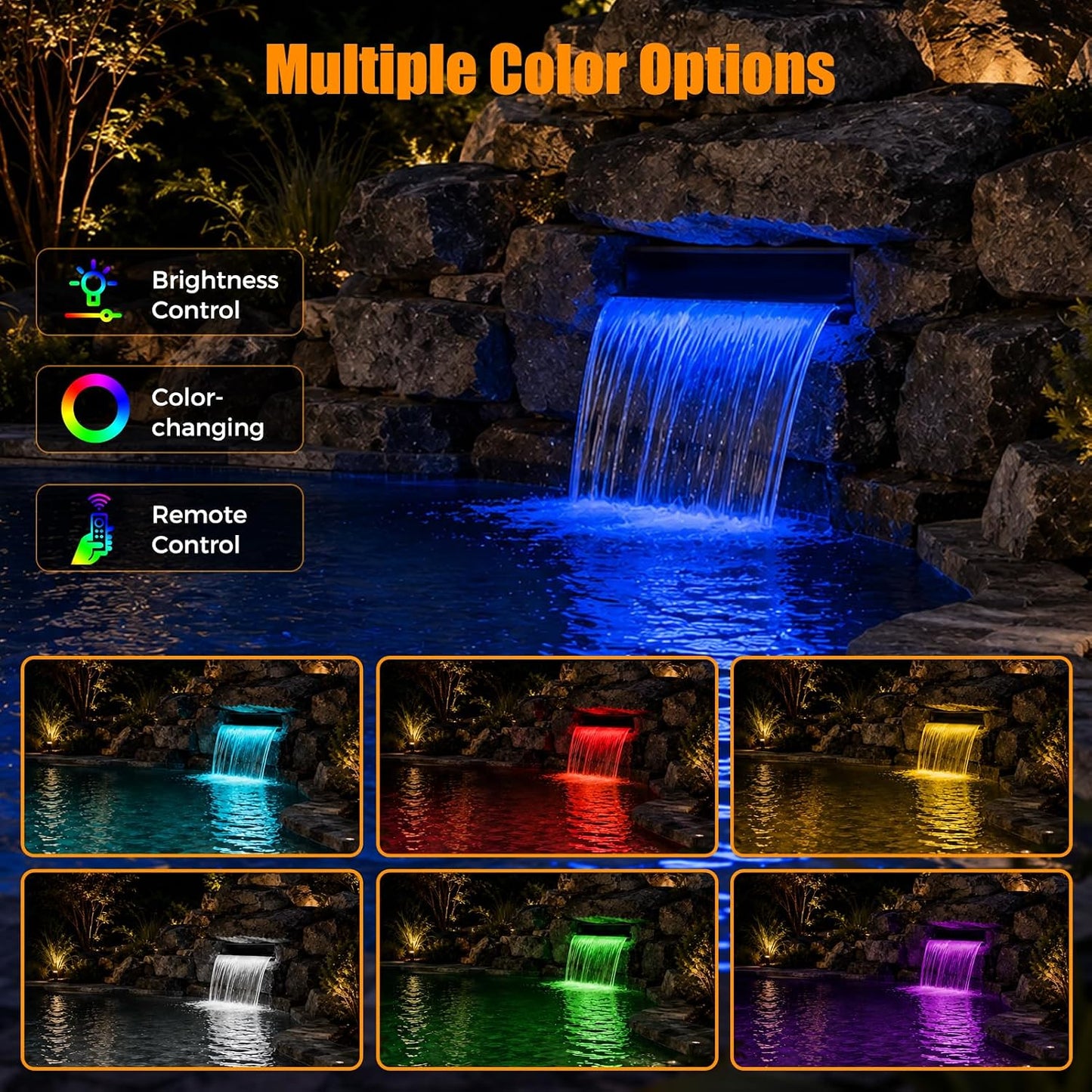 Pond Waterfall Spillway Kit 12" 304 Stainless Steel 660GPH Pump LED Lights