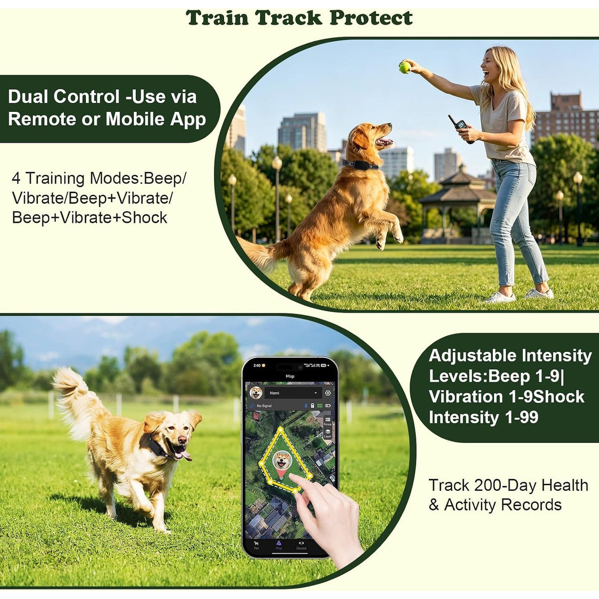 GPS Wireless Dog Fence Collar Training System No Monthly Fee App IP67 7000ft