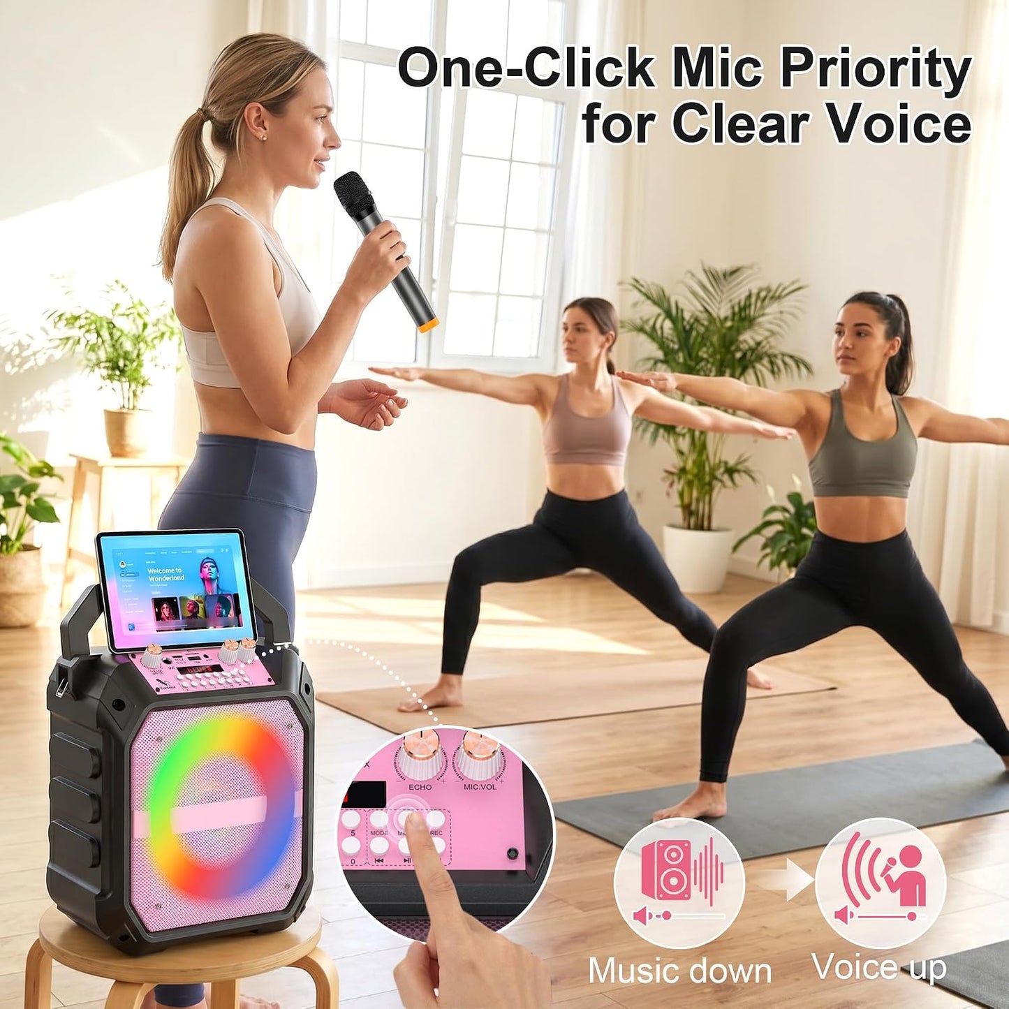 60W Karaoke Machine Wireless Microphones Bluetooth PA Speaker Pink LED Lights