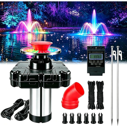 1HP 15000 GPH Pond Fountain Aerator RGB Lights 750W 110V 100FT Cord Timer