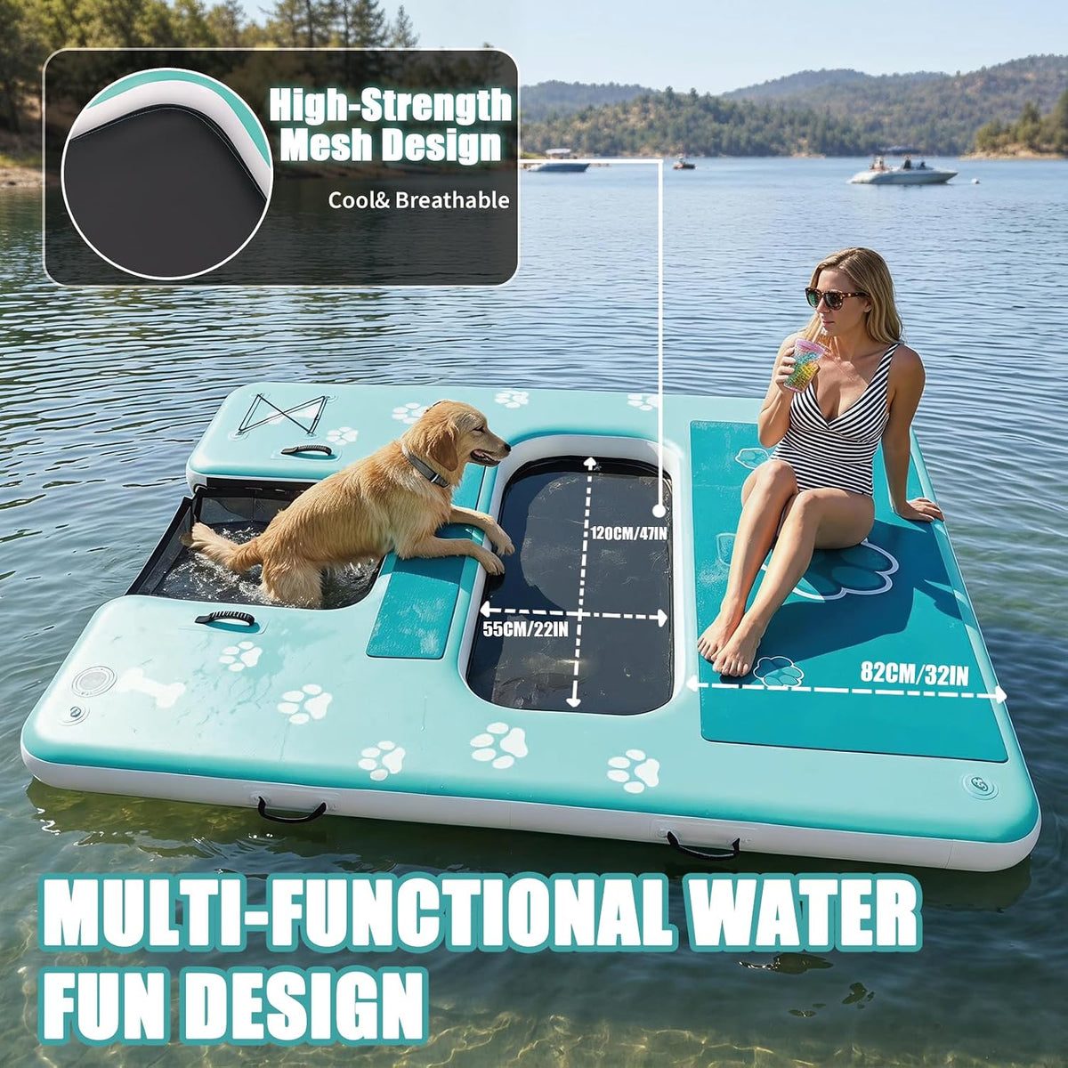 VEBESYET 8x6FT Inflatable Floating Dock Dog Ramp Mesh Swim Platform 6in