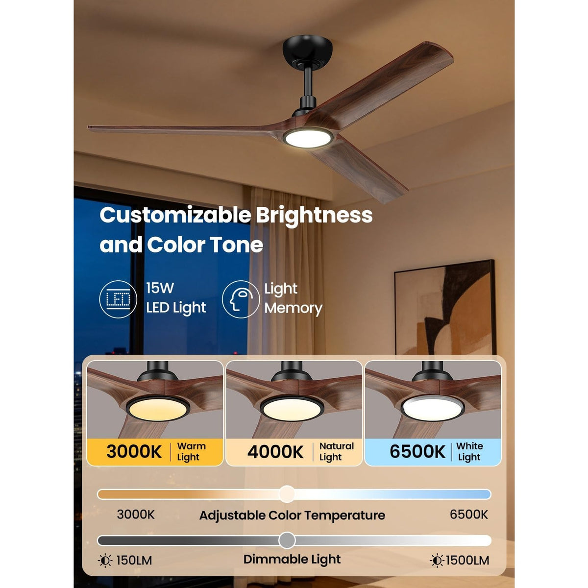 Mildear 52" Solid Wood Ceiling Fan Light Remote Dark Walnut DC Motor 6 Speed