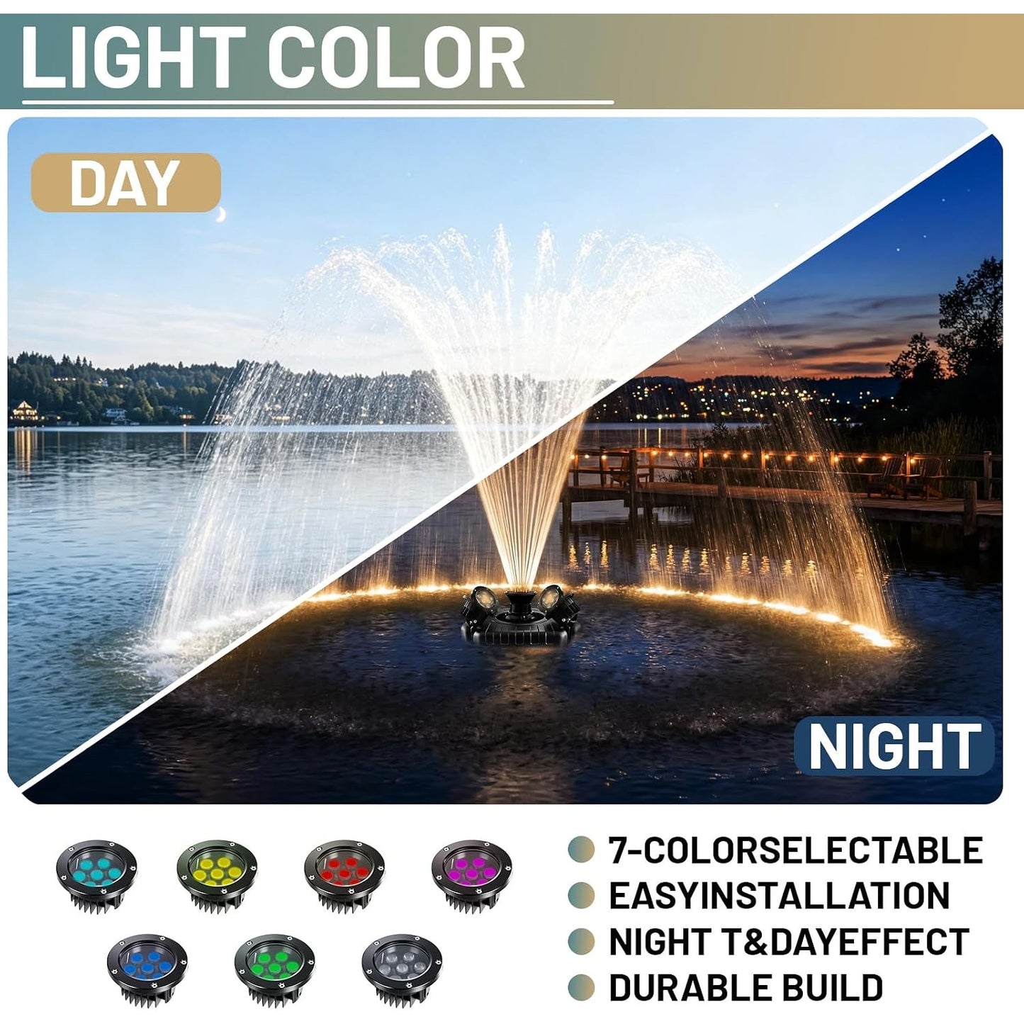 Floating Pond Fountain Aerator 1HP 750W 15000 GPH RGB Lights 100ft Cord Timer