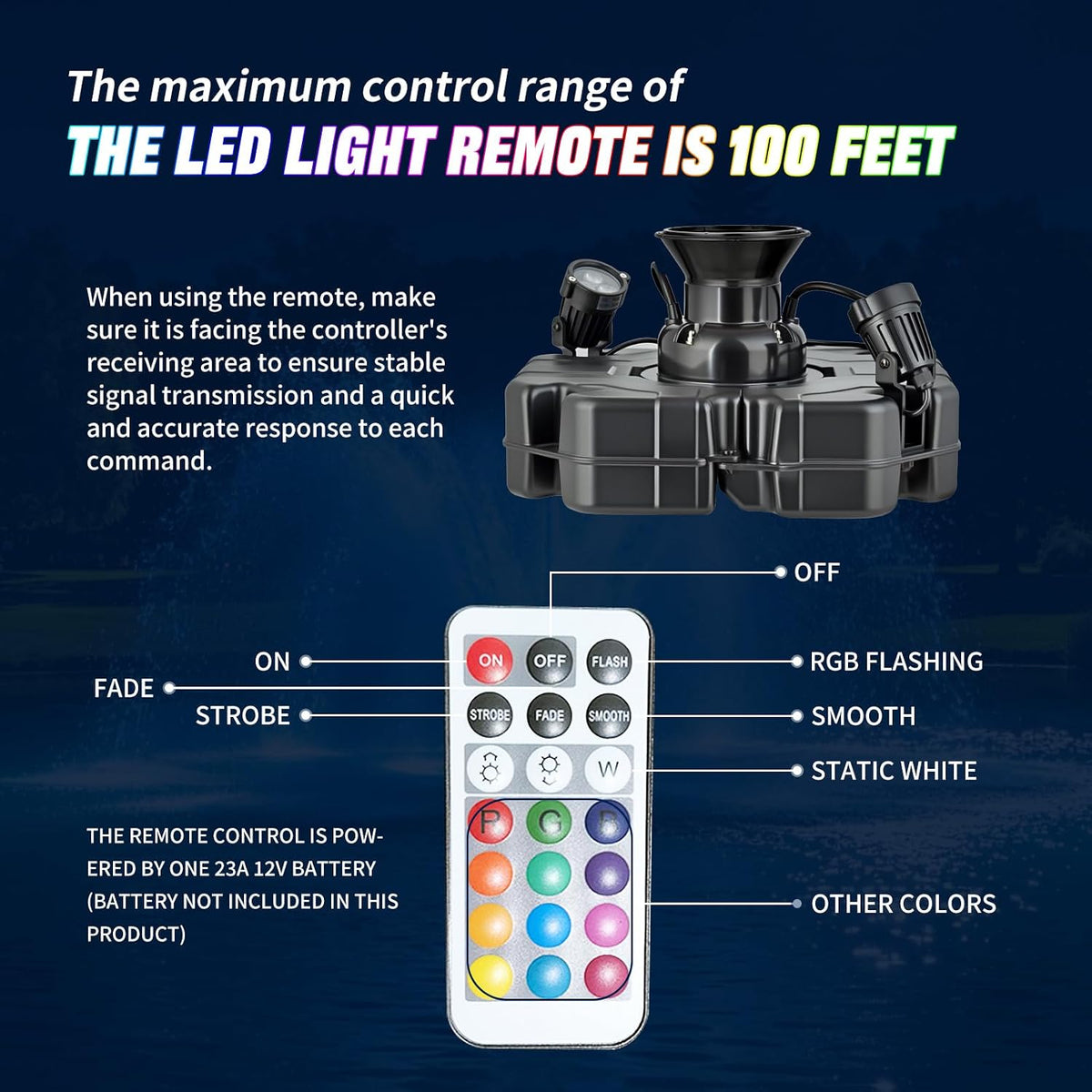 Floating Pond Fountain Aerator 3/4 HP RGB LED Lights Remote Control Outdoor