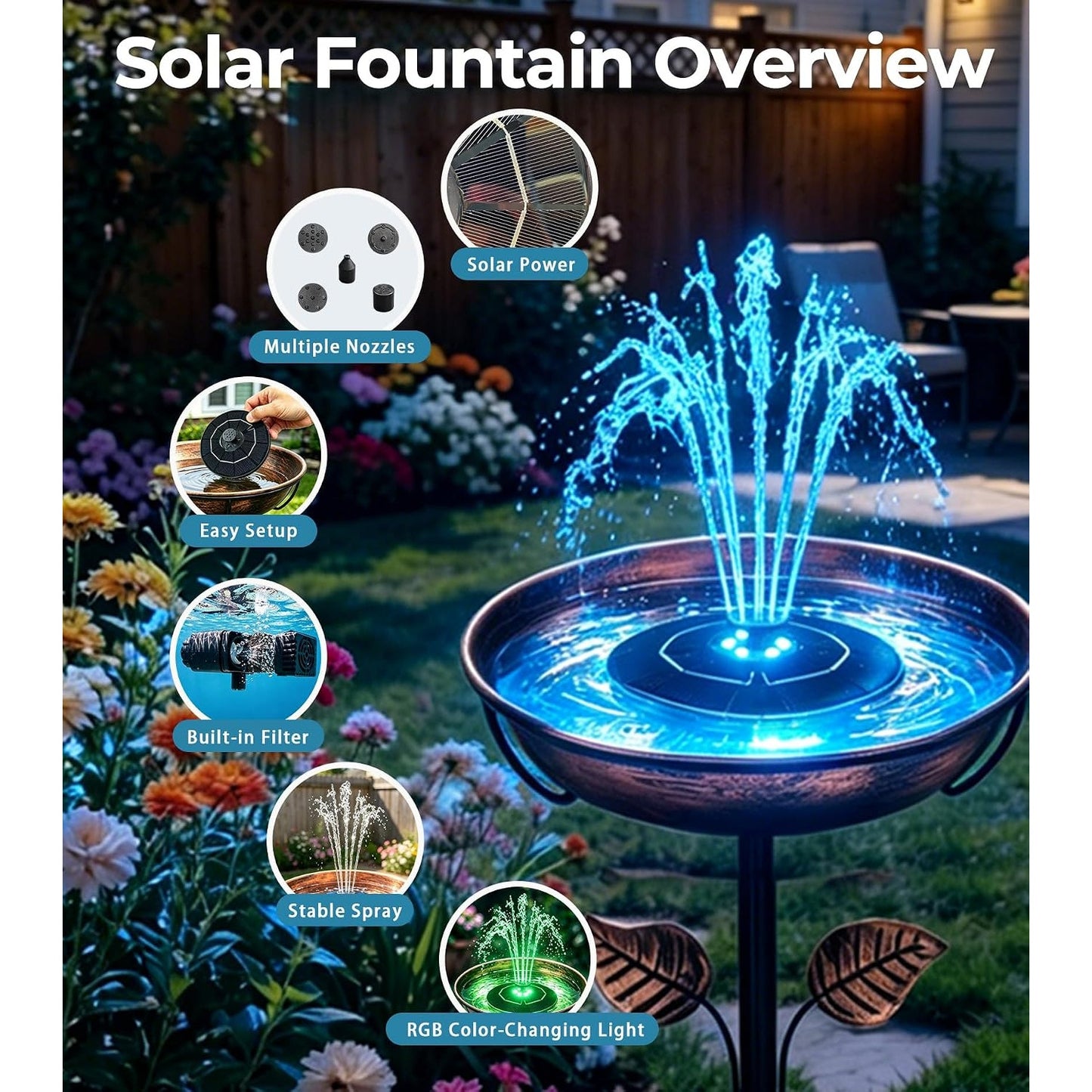Solar Fountain Pump 6.3" Battery Backup LED Lights 9V 2W Floating Bird Bath 5 Nozzles
