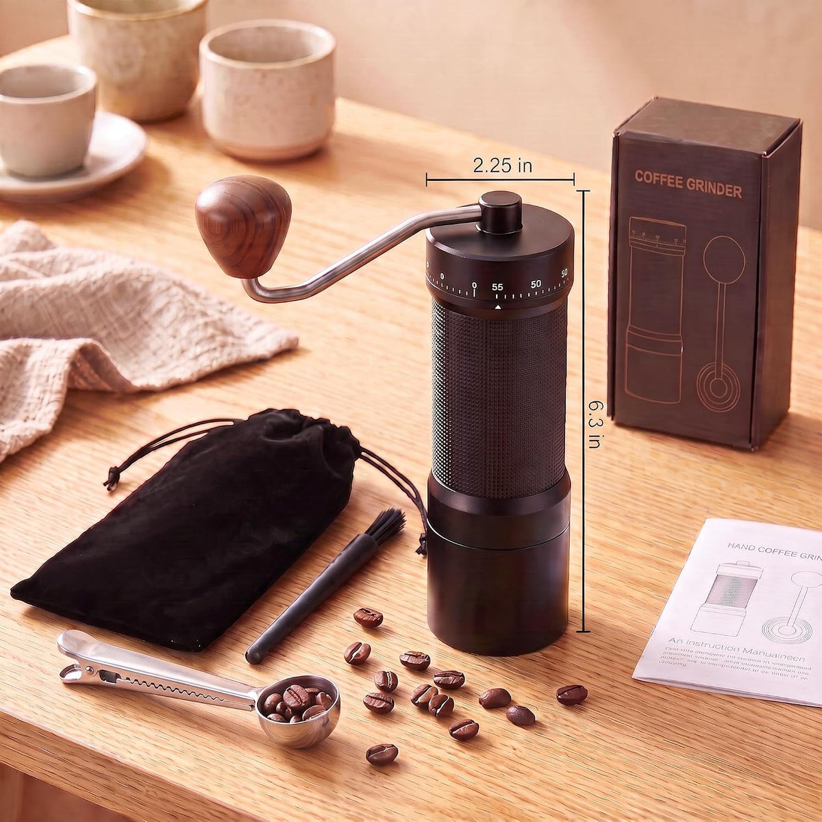 7-Star Burr Manual Coffee Grinder 55-Step Dial All-Metal 0.1mg Click Travel