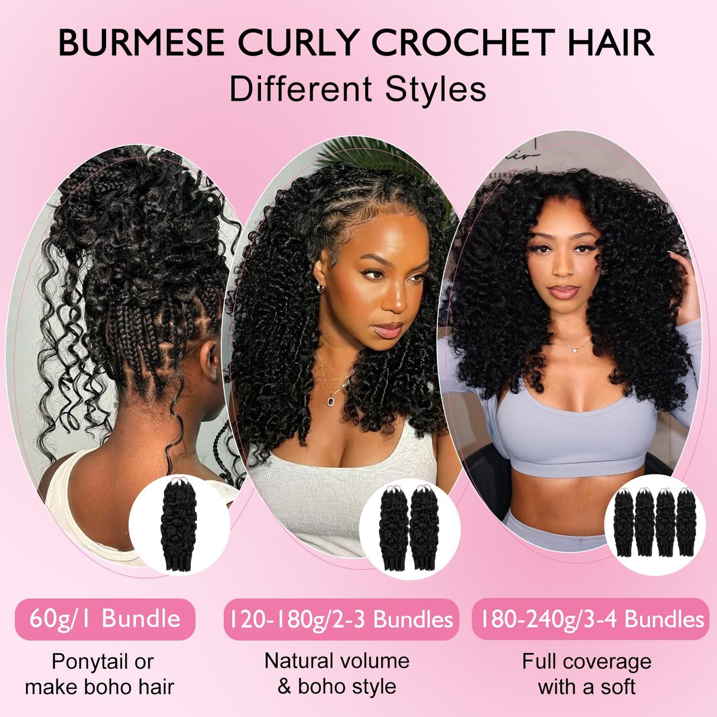 Burmese Curly Feather Crochet Human Hair 18 Inch 60g Knotless Natural Black