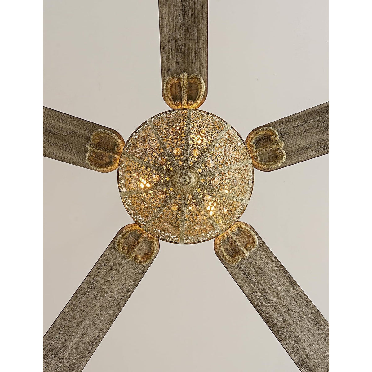 52" Antique Champagne Patina Crystal Chandelier Ceiling Fan 5-Blade Remote