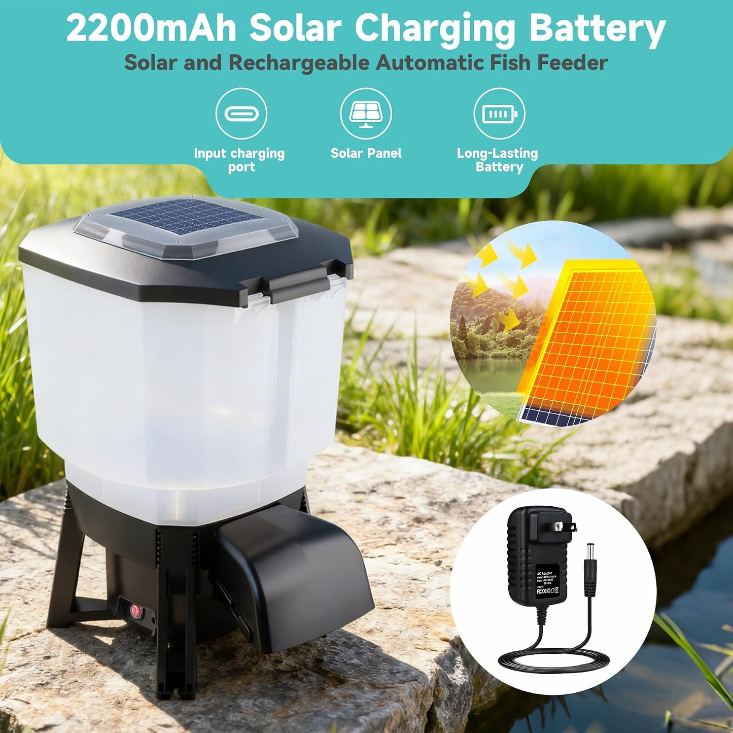 Solar Automatic Pond Fish Feeder 23L 6 Gallon Koi Timer Battery AC Outdoor