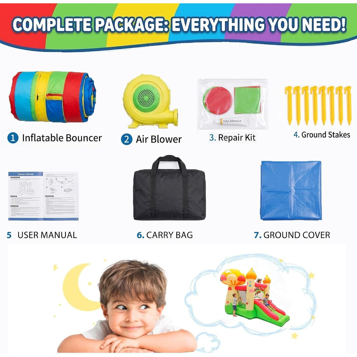 Inflatable Bounce House w/ Slide, Ball Pit, Blower Kids Bouncy Mushroom Castle