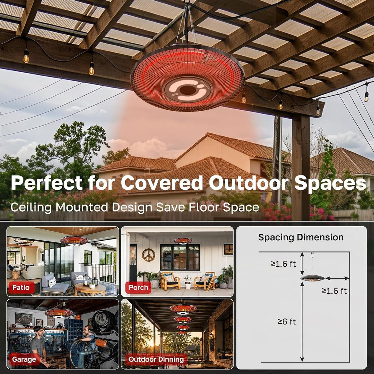 ThermoMate 1500W Hanging Patio Heater IP65 Infrared Ceiling Mount Black