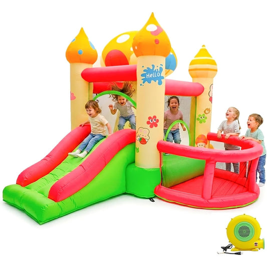 Inflatable Bounce House w/ Slide, Ball Pit, Blower Kids Bouncy Mushroom Castle