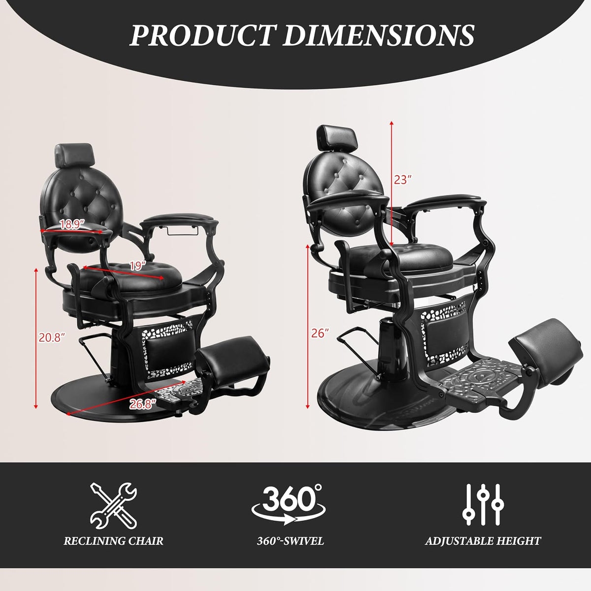 Antlu Vintage Barber Chair, BLACK Heavy Duty 700lb Reclining Salon Stylist