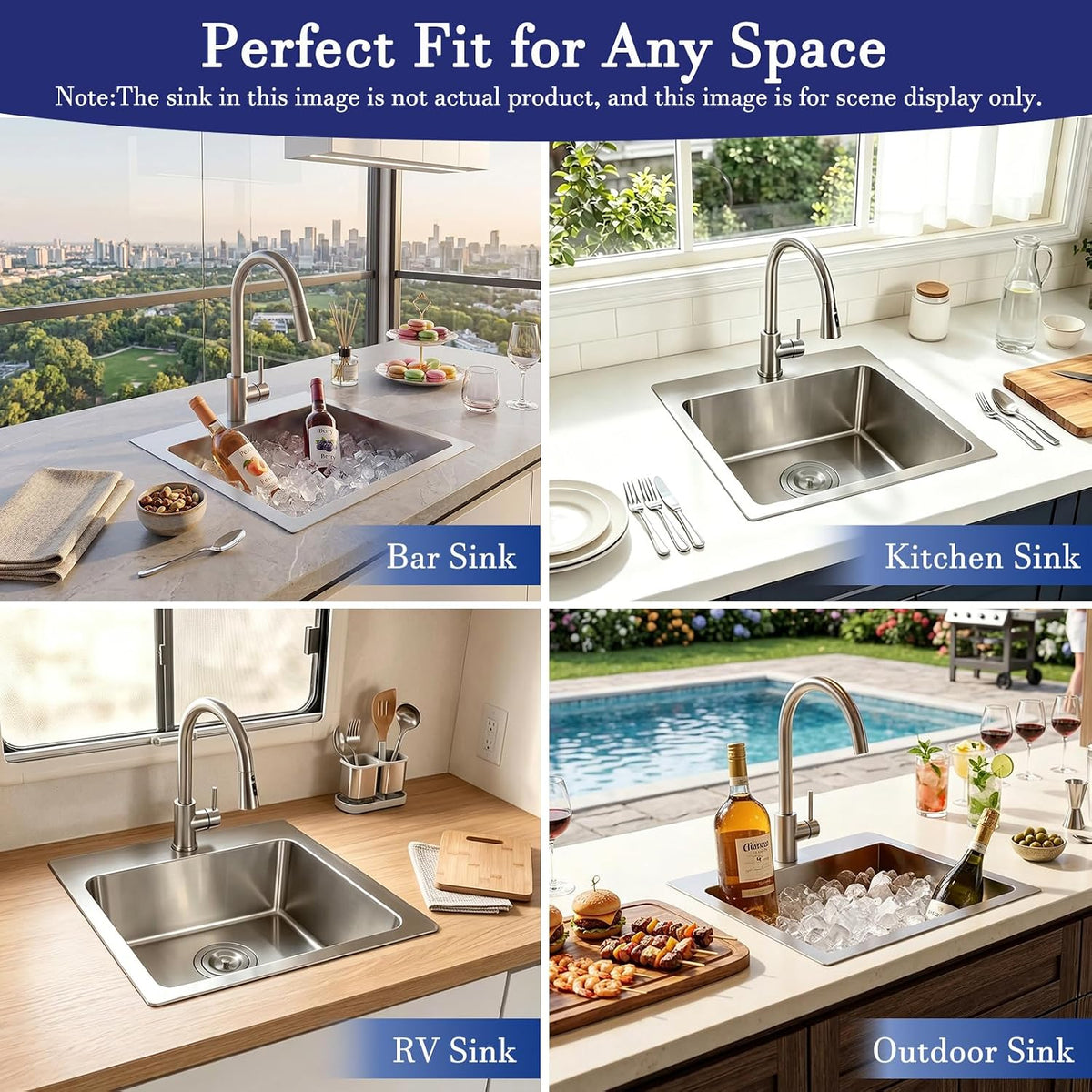 VAPSINT 20x16 Drop In Kitchen Bar Sink 16 Gauge T304 Stainless Brushed Nickel