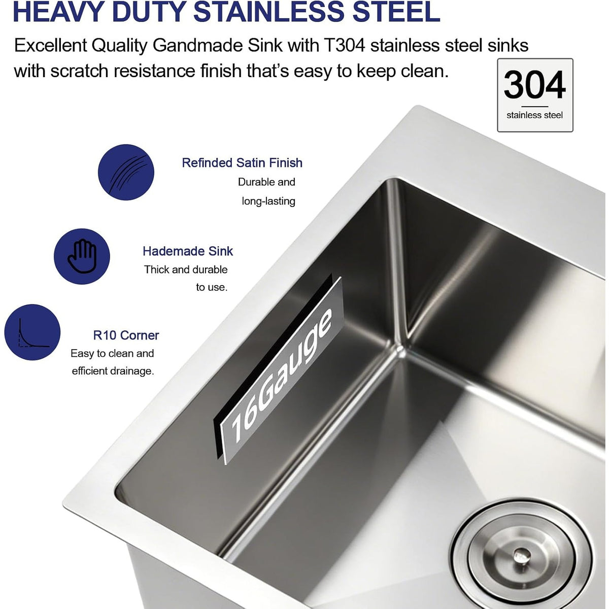 VAPSINT 20x16 Drop In Kitchen Bar Sink 16 Gauge T304 Stainless Brushed Nickel