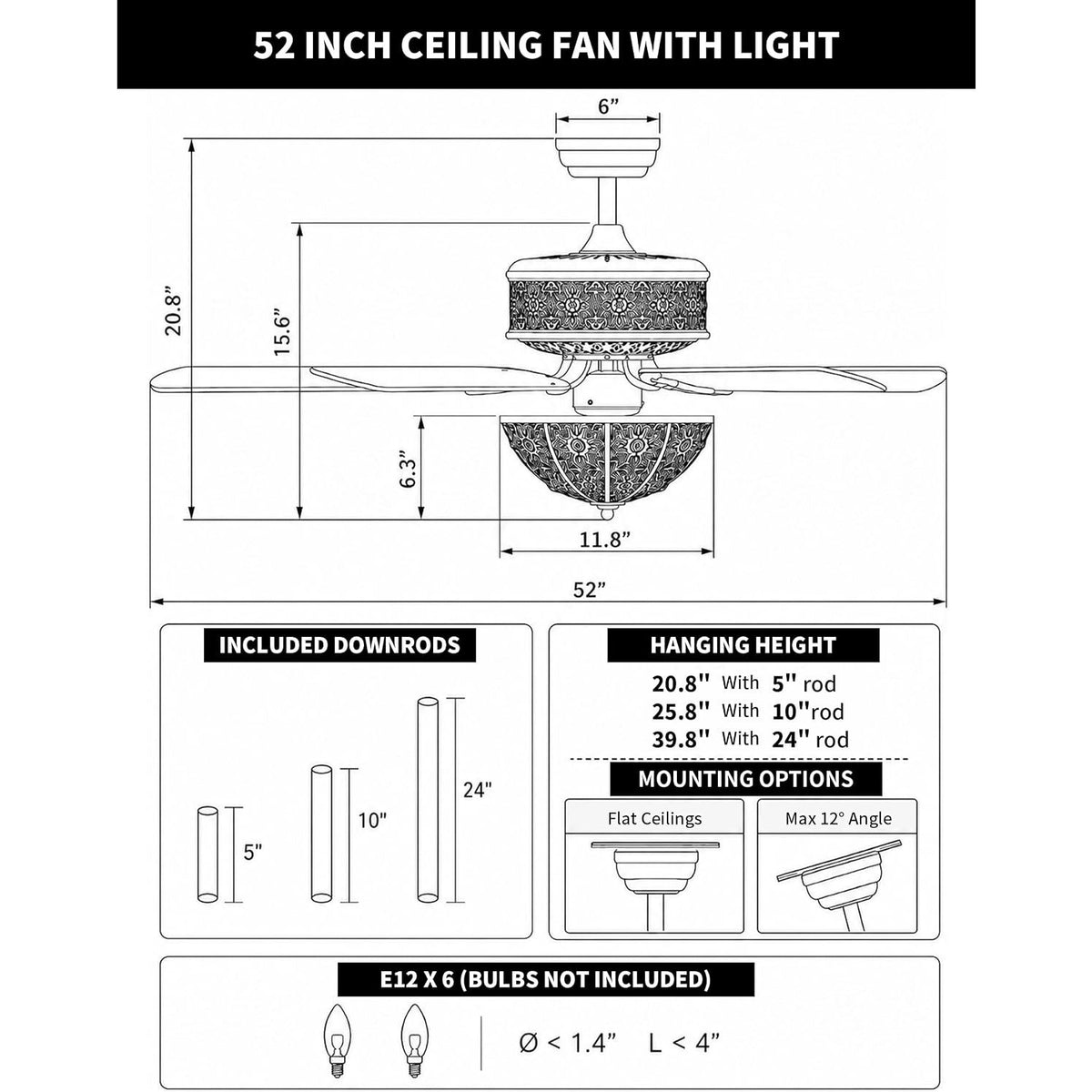 Vivlite 52" Vintage Chandelier Ceiling Fan Light Antique Bronze Crystal 5 Blade