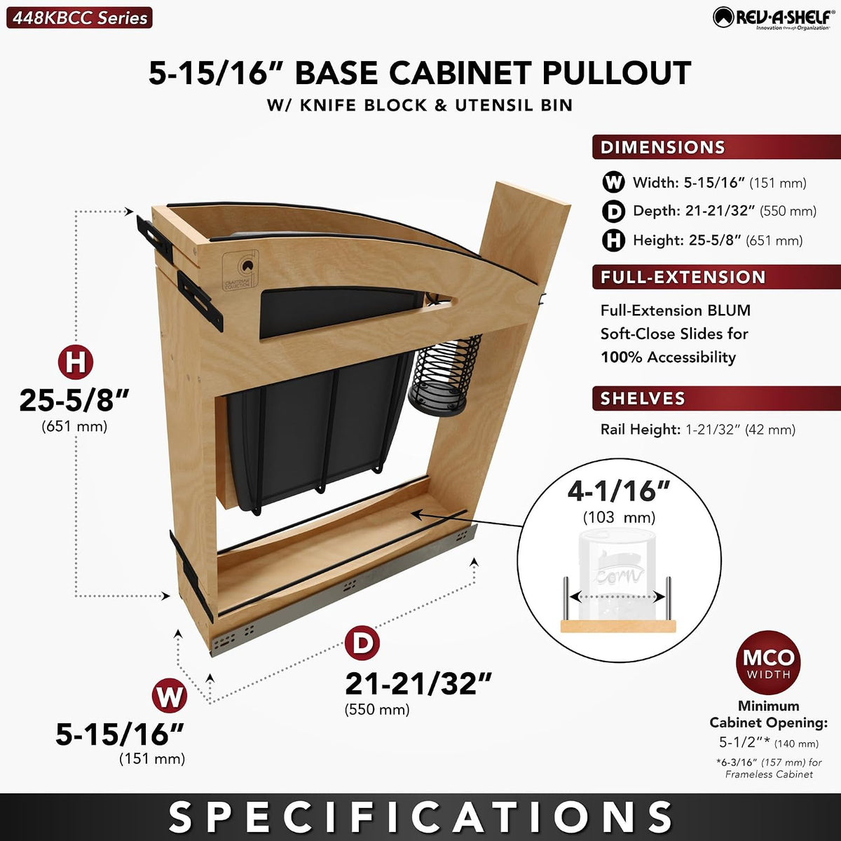 Rev-A-Shelf 448KBCC 9" Cabinet Knife Block Pullout Soft-Close Maple Organizer