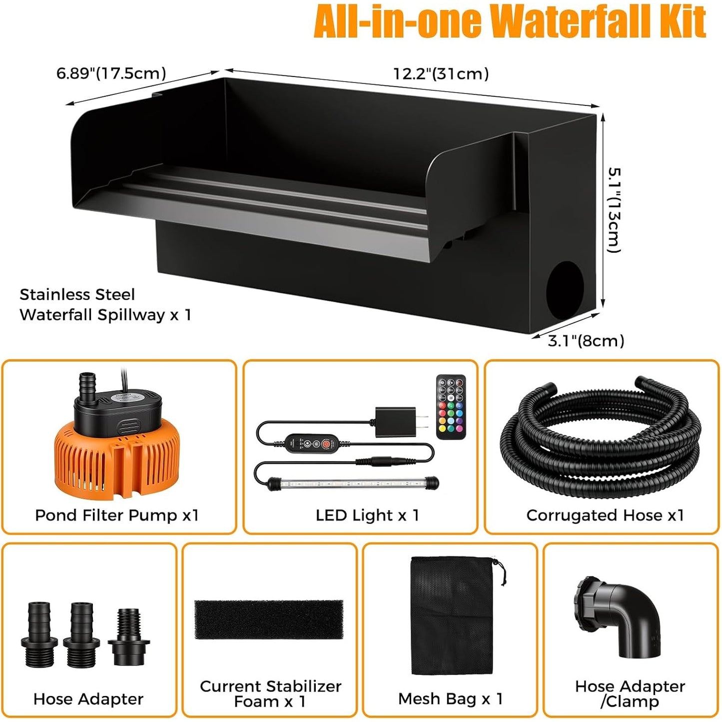 Pond Waterfall Spillway Kit 12" 304 Stainless Steel 660GPH Pump LED Lights